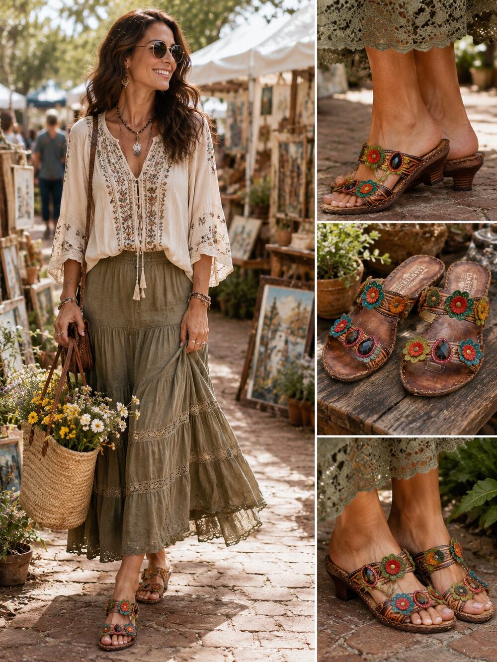 Spring Step L'Artiste Ambrosia Leather Floral Mule Sandals EU 37 US 7 Boho Artsy